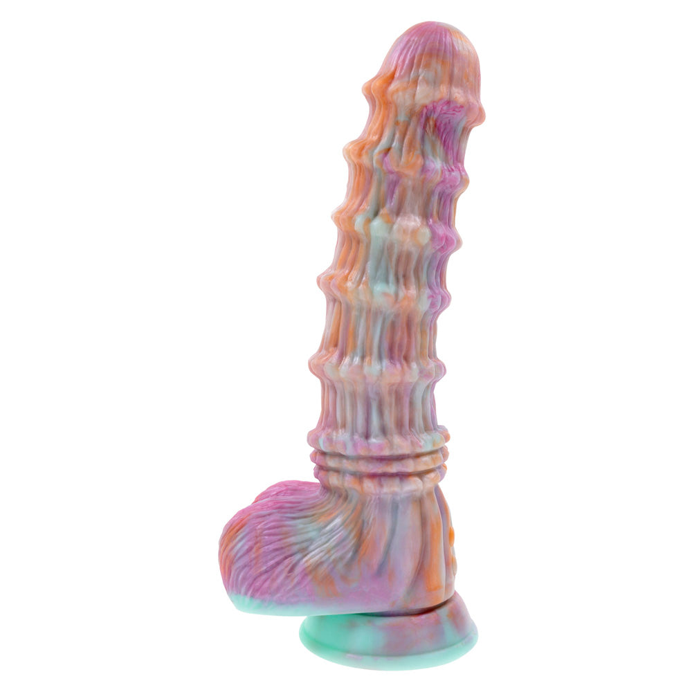 A colorful, textured dildo with a flared base.