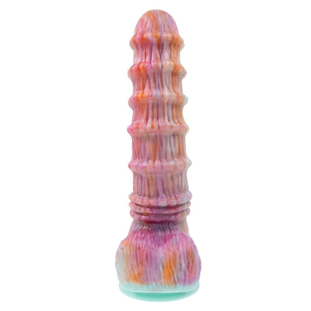 A textured, multi-colored silicone dildo with a flared base.