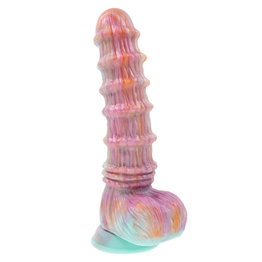 Girthy fantasy dildo in orange silicone with graduated rings and suction base.