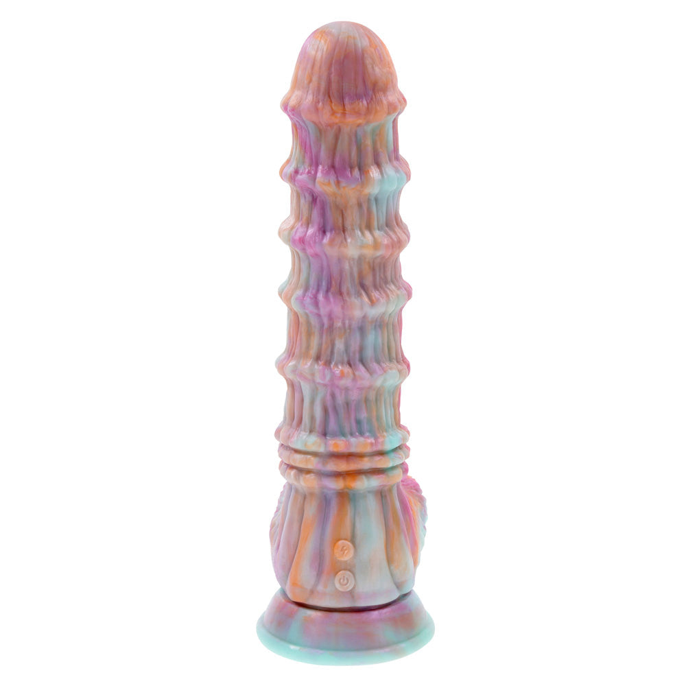 A colorful, textured dildo with a suction base and two control buttons.