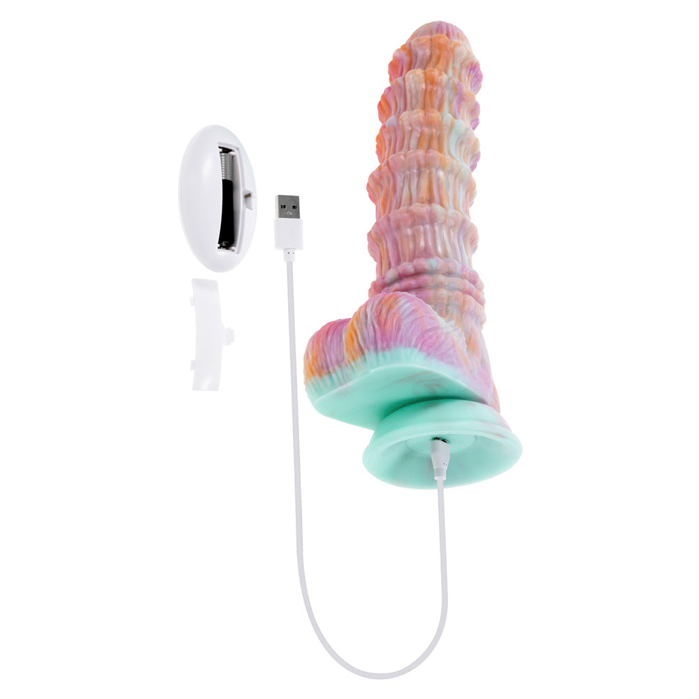 A colorful, textured dildo with a suction base and USB charging cable.