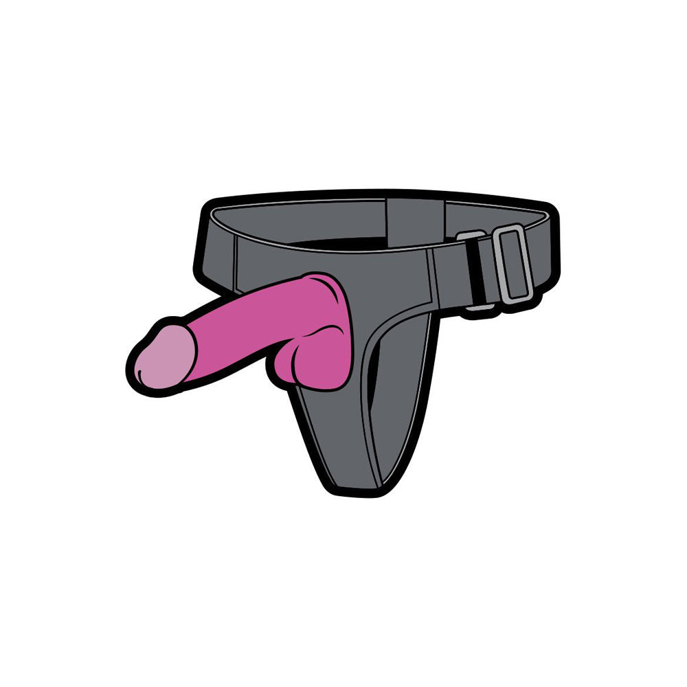 Grey and pink strap-on sex toy enamel lapel pin.