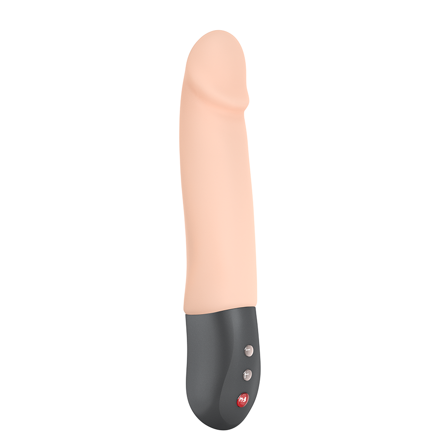 Realistic flesh-colored thrusting G-spot massager with black base and control buttons.