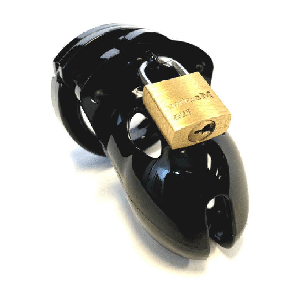 Black polycarbonate chastity cage with a brass padlock.