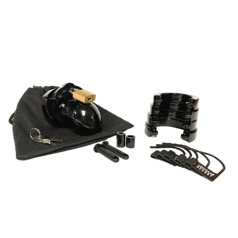 Black polycarbonate chastity cage kit with lock and keys.