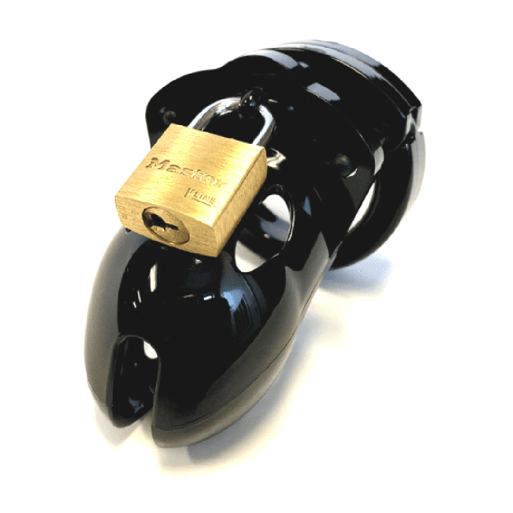 Black polycarbonate chastity cage with a brass padlock.