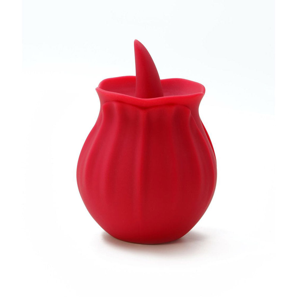 Red silicone tongue vibrator shaped like a rose bud.