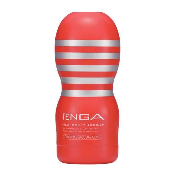 Red Tenga Original Vacuum Cup male masturbator with silver stripes.