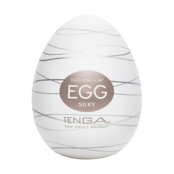 Tenga Silky Male Masturbator Egg with a white egg shape and silver lines.