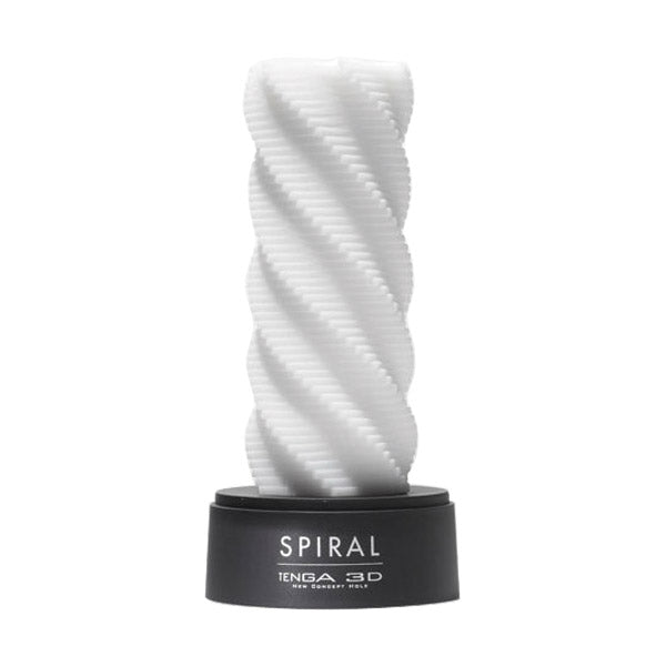 White spiral masturbator with black base labeled "SPIRAL TENGA 3D".