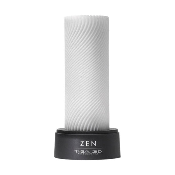 White textured Tenga 3D Zen masturbator on a black base.