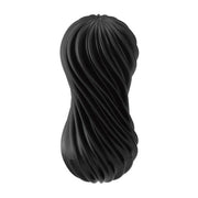 Black reusable masturbator with a spiraling ribbed texture.