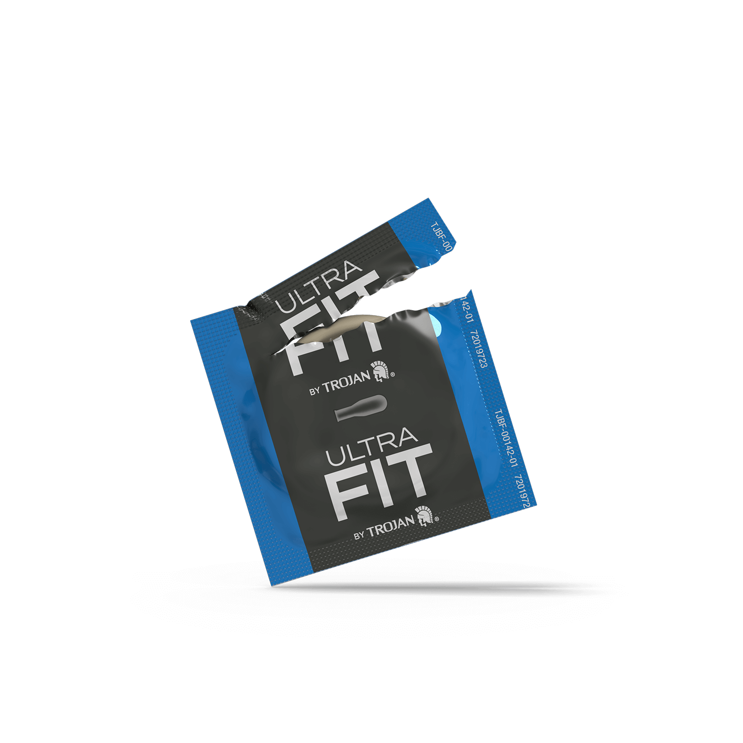 Two Trojan Ultra Fit condom wrappers on a green background.