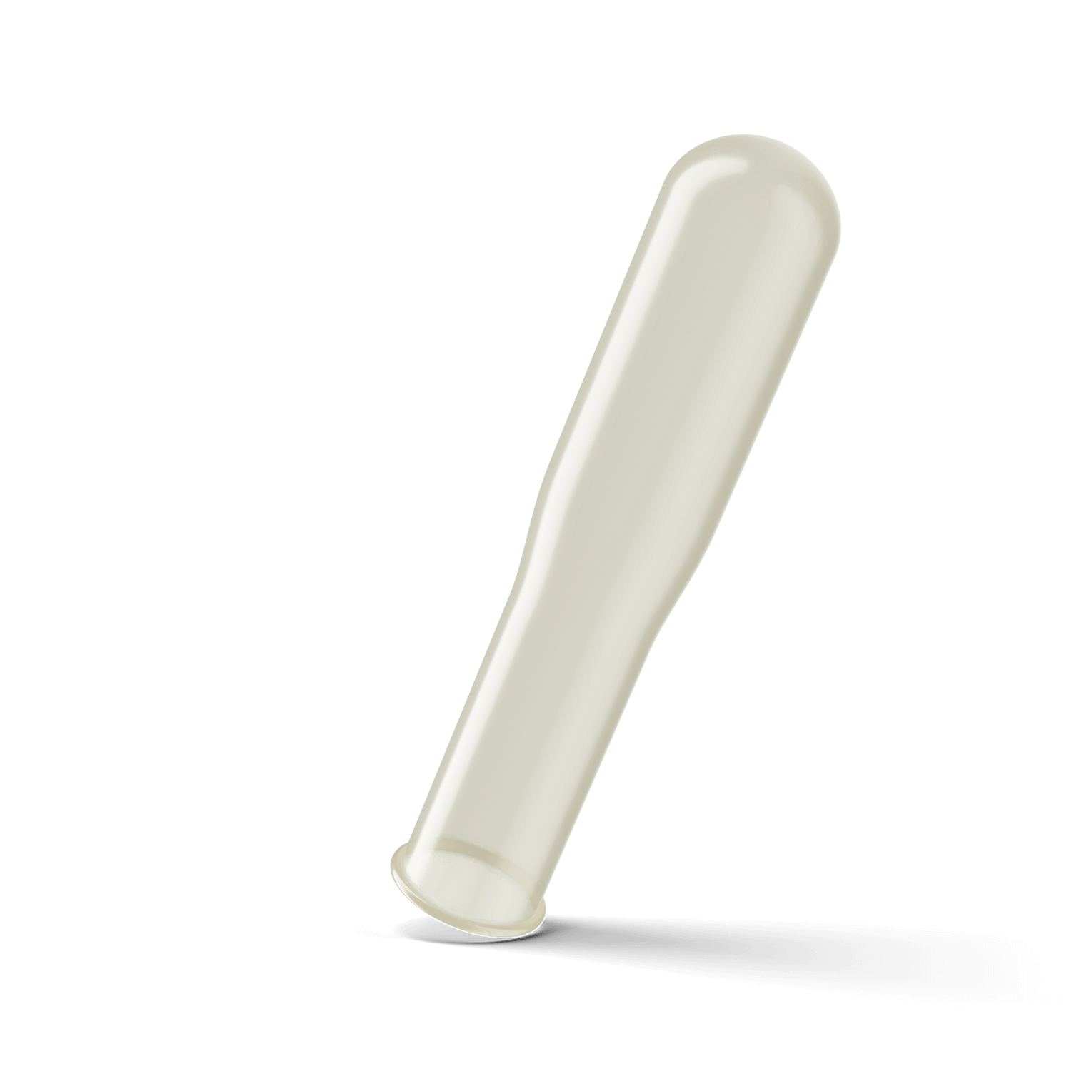 A beige, elongated, tapered condom with a flared opening and a rounded tip.