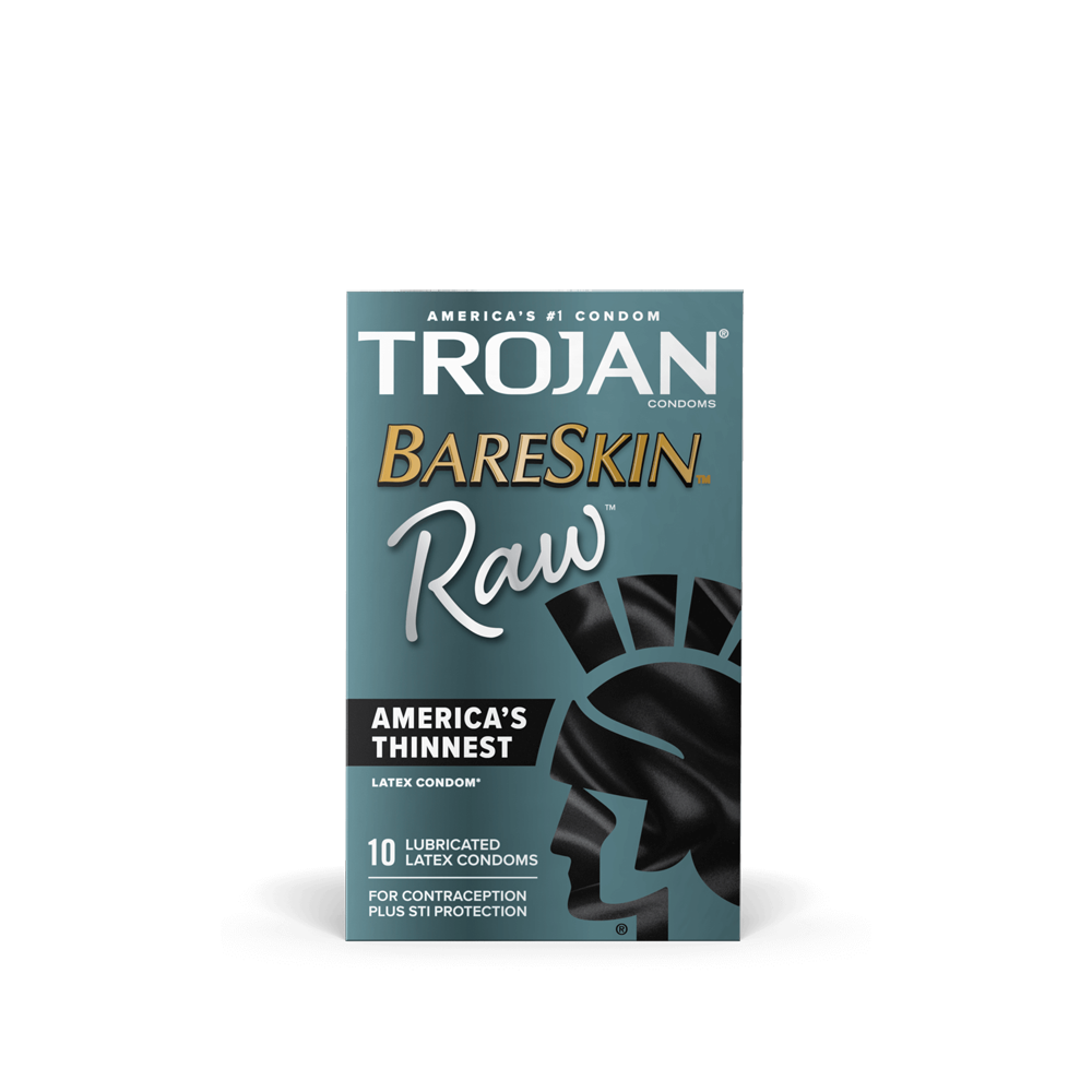Trojan Bareskin Raw condoms, 10 count, ultra thin latex with lubricant.