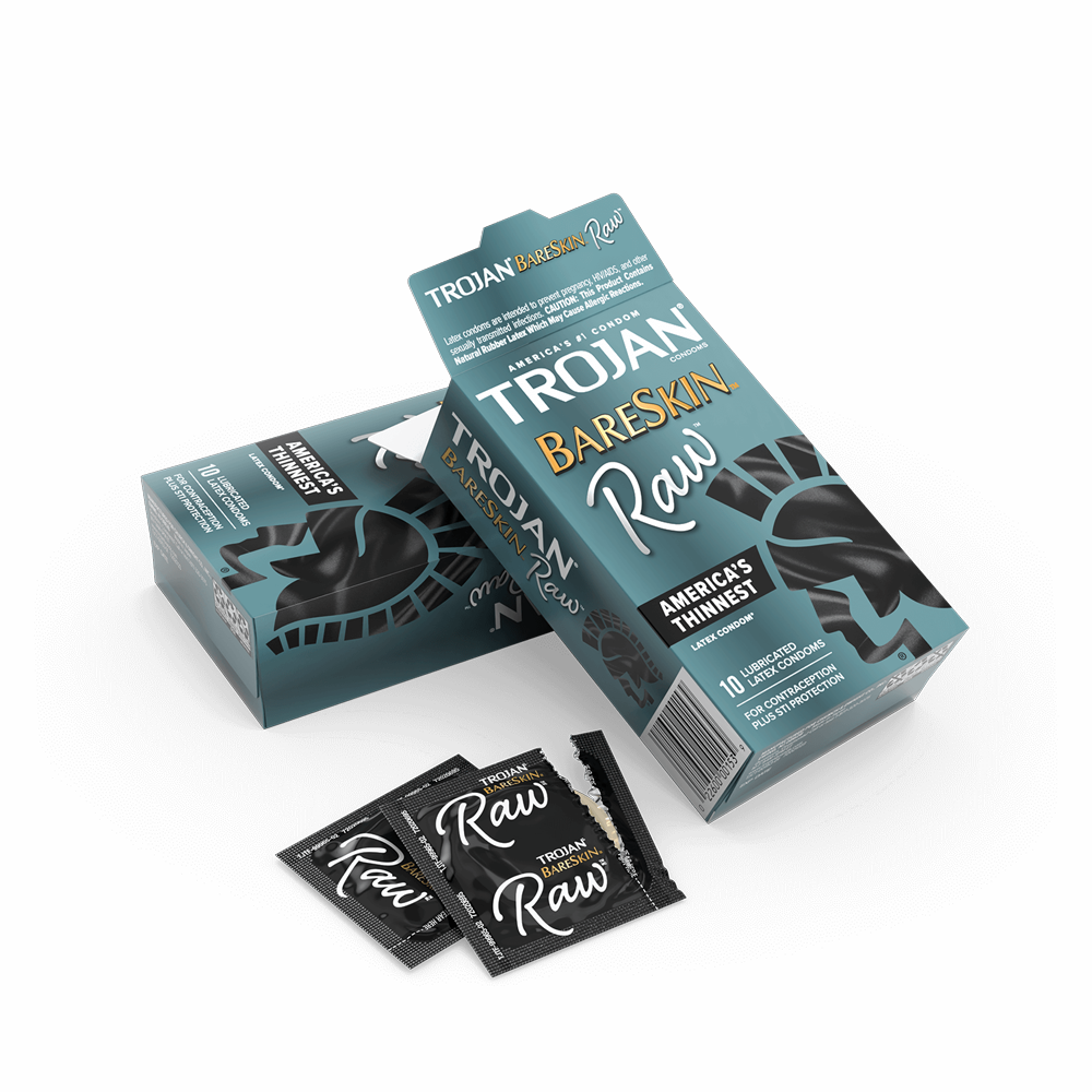Trojan Bareskin Raw condoms, 10 count, ultra-thin latex with lubricant.
