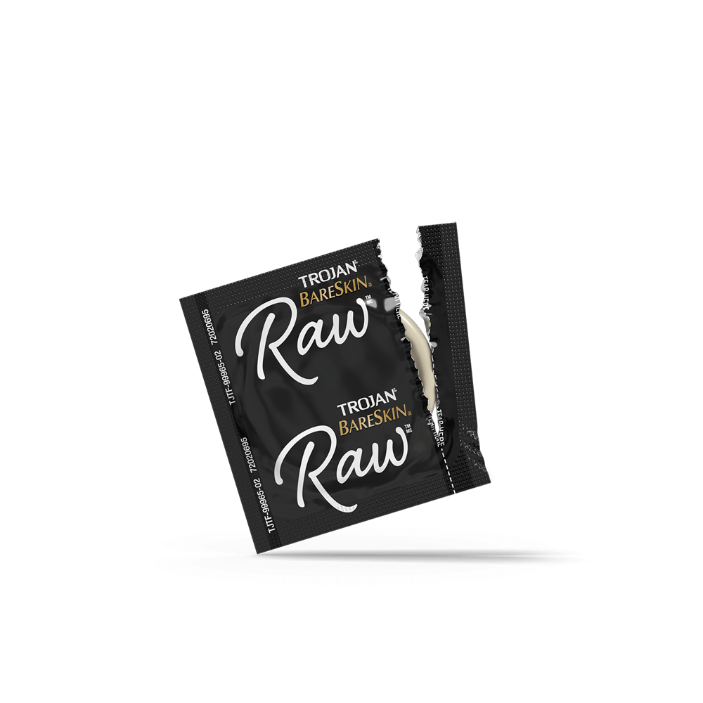 Trojan Bareskin Raw condoms in black packaging.