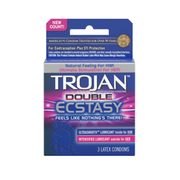 Trojan Double Ecstasy condoms, 3 count, with dual lubrication.