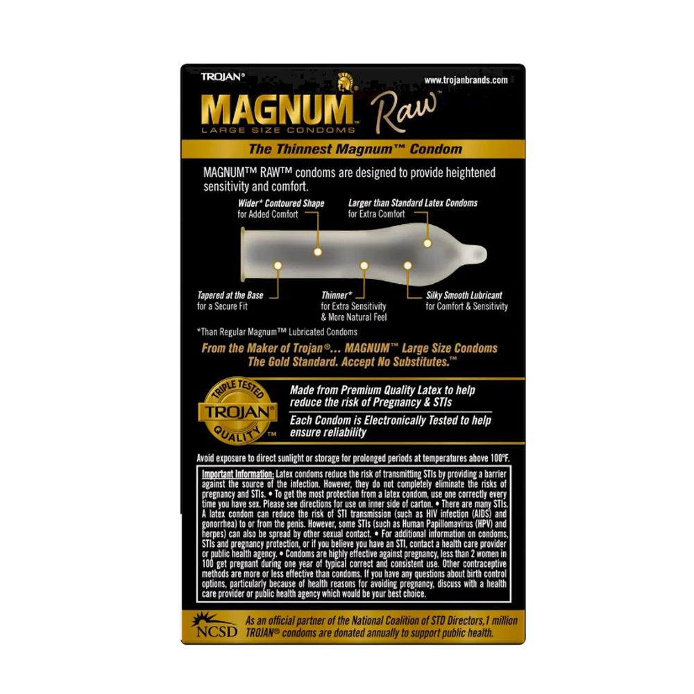 Magnum Raw large thin latex condoms with contoured shape and lubricant.
