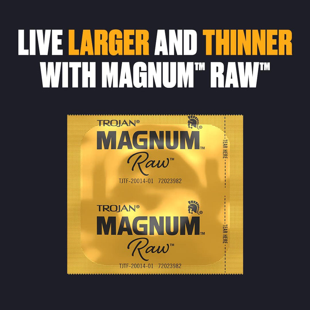 Trojan Magnum Raw large thin lubricated latex condoms in gold packaging.