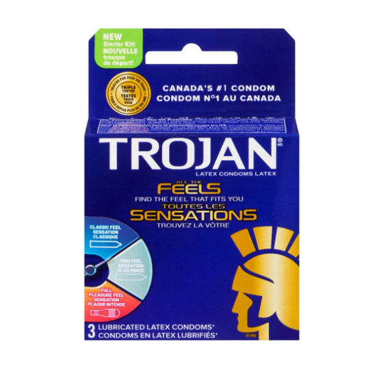 Trojan All The Feels Variety Pack of 3 lubricated latex condoms.