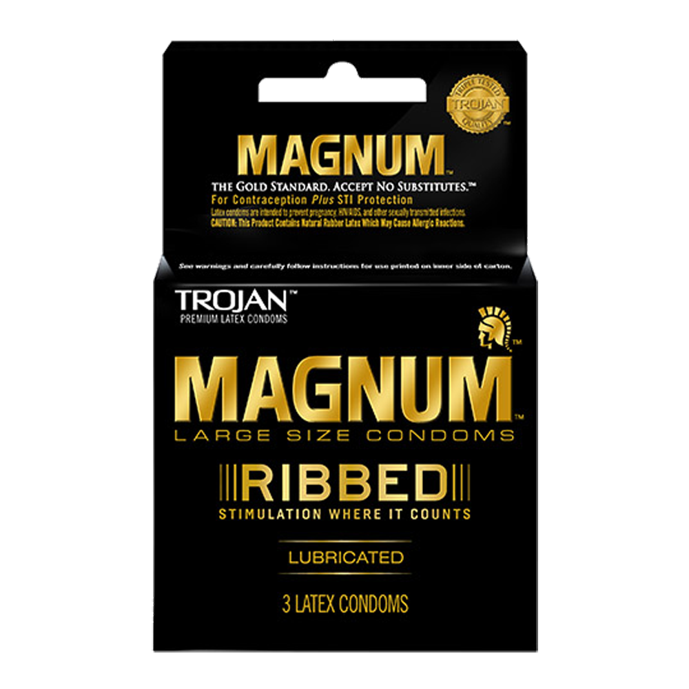 Trojan Magnum ribbed large lubricated latex condoms, 3 count.