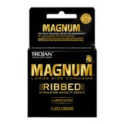 Trojan Magnum ribbed large lubricated latex condoms, 3 count.