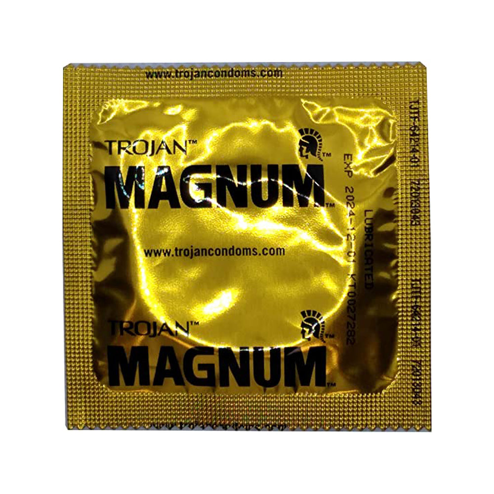 Trojan Magnum large lubricated latex condom in gold packaging.