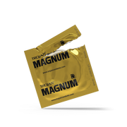 A gold wrapper for Trojan Magnum condoms is torn open, revealing a condom inside.