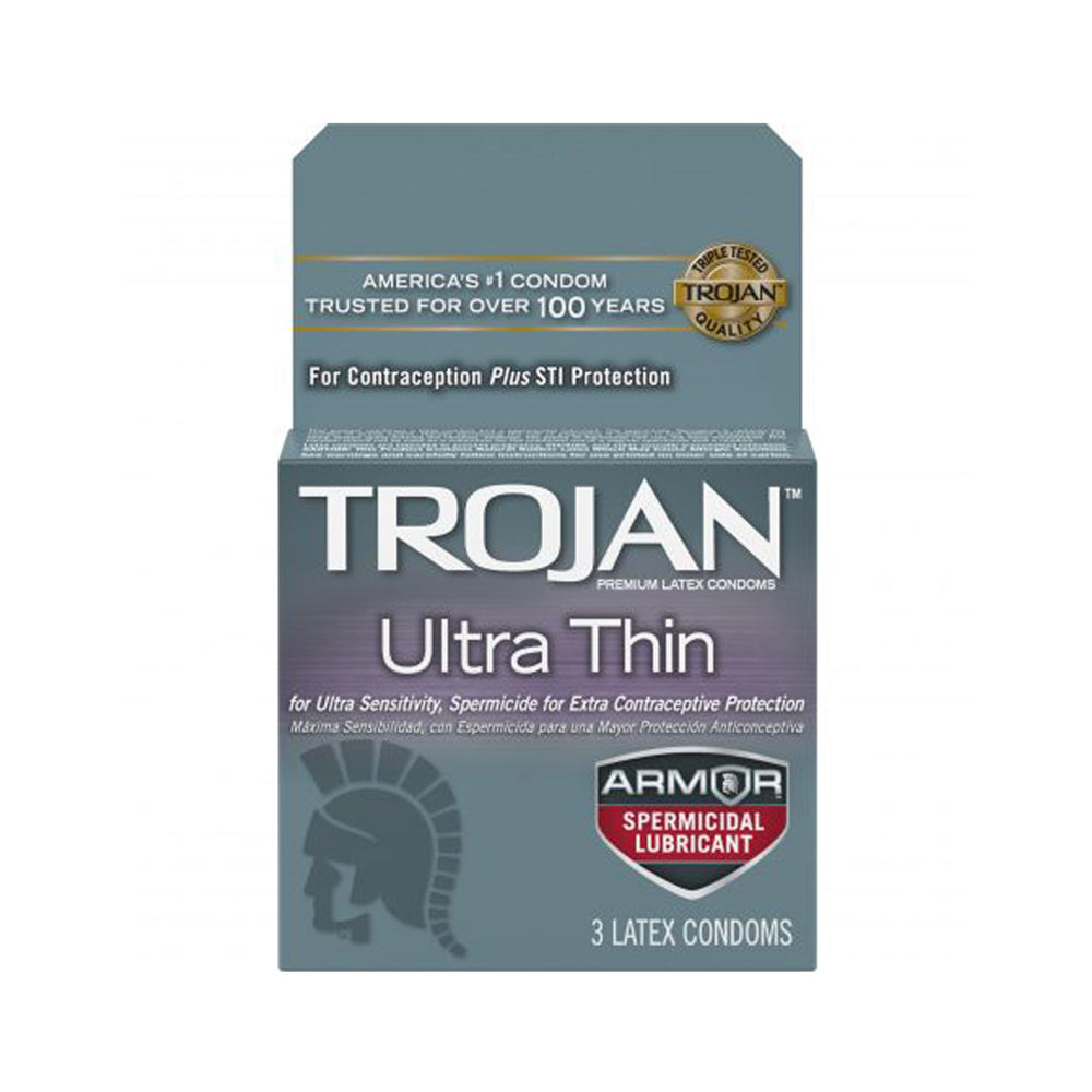 Trojan Ultra Thin Armor spermicidal latex condoms, 3 count.