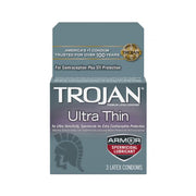 Trojan Ultra Thin Armor spermicidal latex condoms, 3 count.