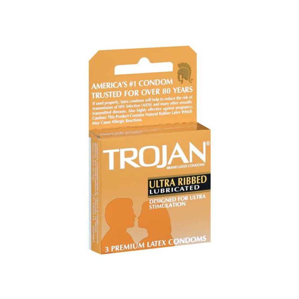 Trojan Ultra Ribbed Lubricated Latex Condoms, 3 count box.