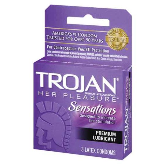 Trojan Her Pleasure Sensations condoms, 3 latex condoms.