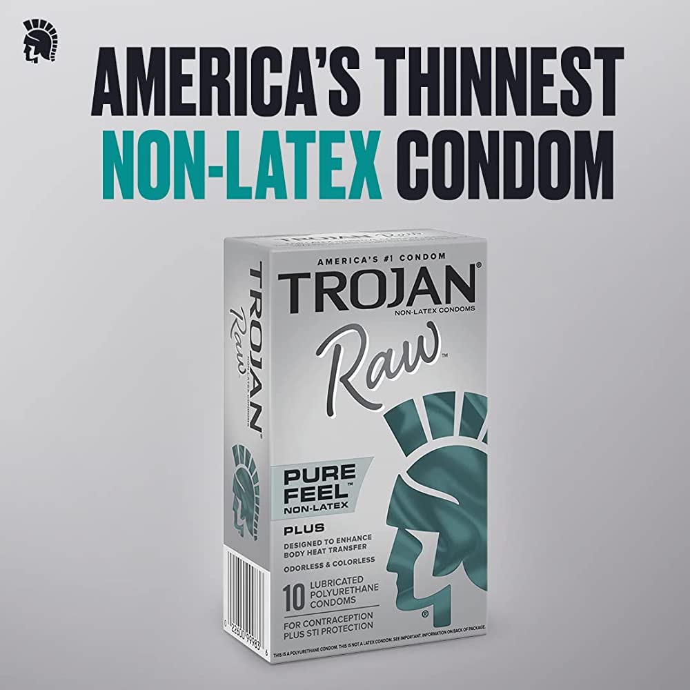 Trojan Raw Pure Feel 10-pack non-latex condoms with ultra-thin design.