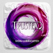 Trustex non-lubricated latex condoms in purple and pink packaging.