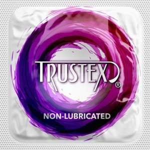 Trustex non-lubricated latex condoms in purple and pink packaging.