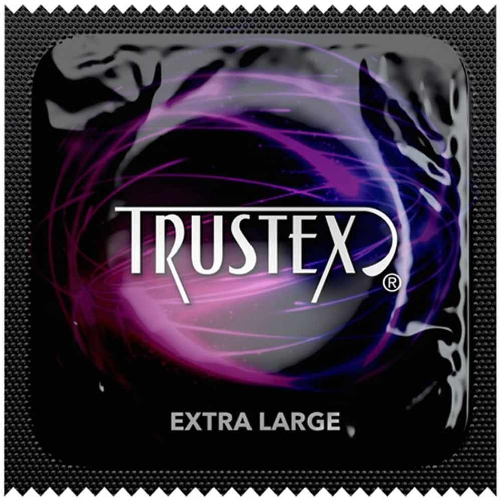 Trustex Extra Large condom packaging with purple and pink swirls.