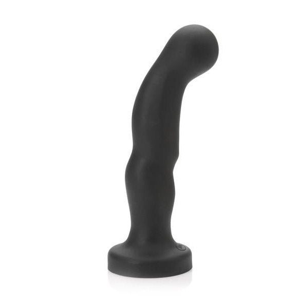 Curved black silicone prostate dildo with ergonomic angle and bulbous tip.