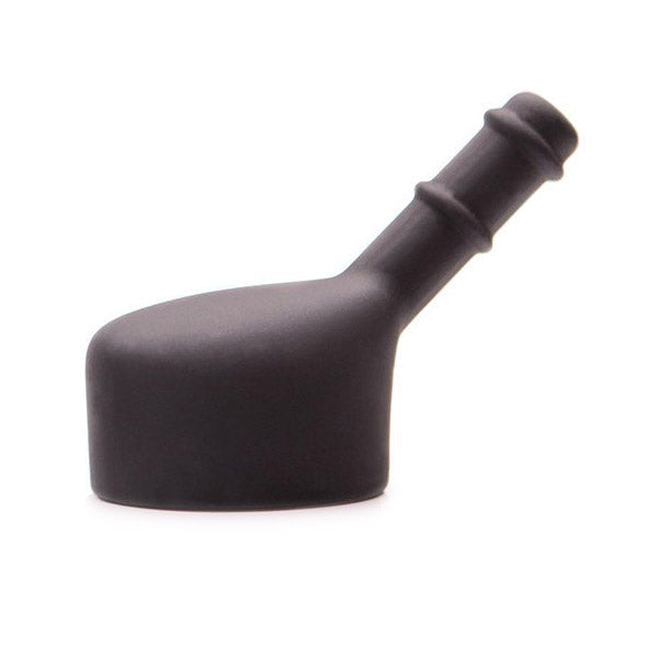 Black silicone attachment with a curved neck and ribbed tip.