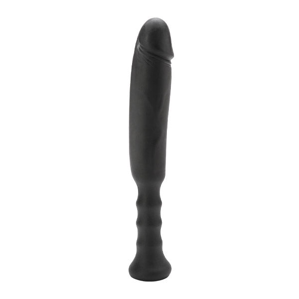 Black silicone dildo with an ergonomic handle.