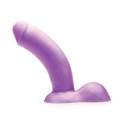 Purple super soft silicone harness dildo with curved shaft and flared base.