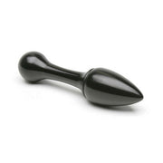Black anodized aluminum anal butt plug with a rounded base and tapered tip.
