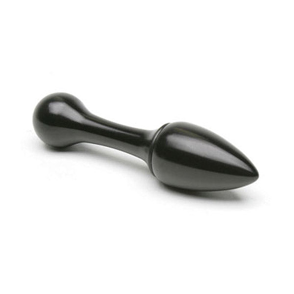 Black anodized aluminum anal butt plug with a rounded base and tapered tip.