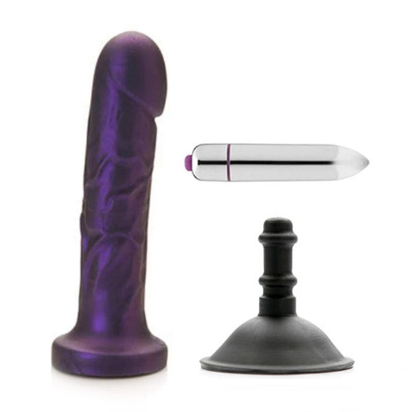 Purple textured vibrator with suction cup and silver bullet vibrator.