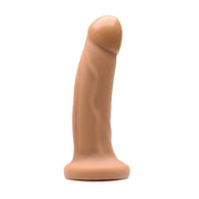 A tan dual-density silicone dildo with a firm muscle core and curved shape.
