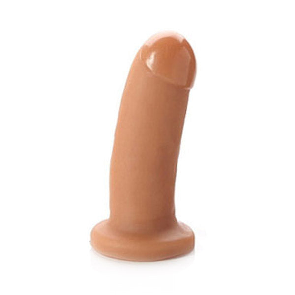 A curved tan silicone dildo with dual density and muscle core.