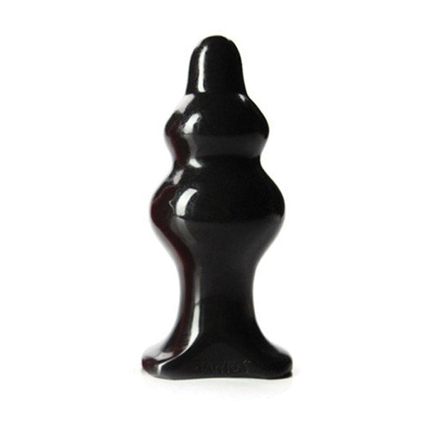A black, curved silicone butt plug with a flared base.