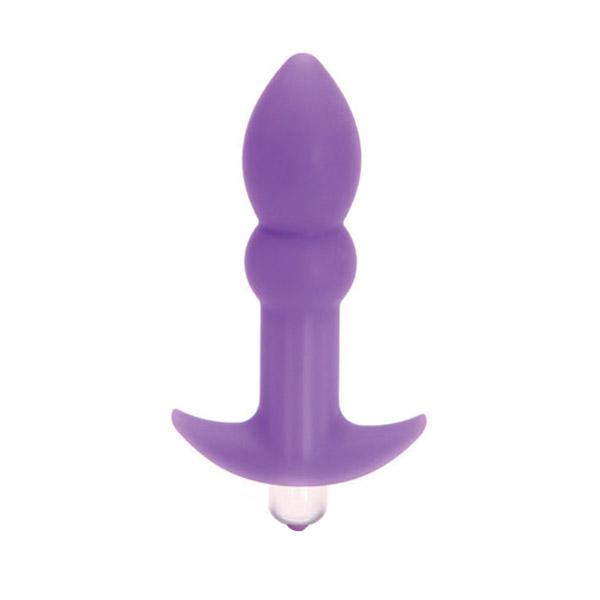 Purple vibrating silicone anal plug with a tapered tip and anchor base.