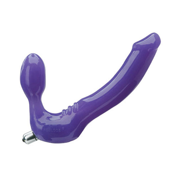 Purple silicone double-ended vibrating strap-on with a metal base.