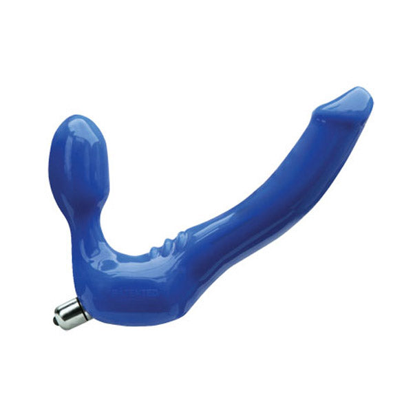 Blue silicone double dong vibrator with a curved shaft and a metal tip.